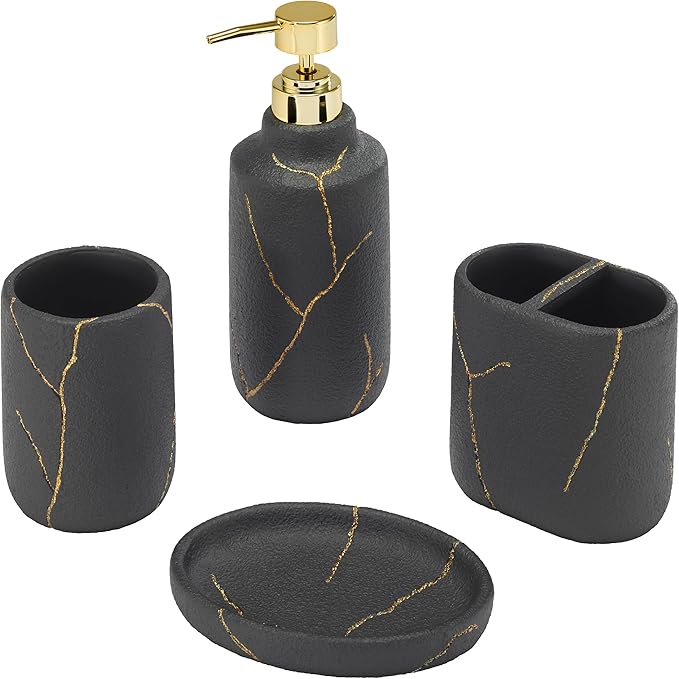 Nicole Miller - Bathroom Set, 4pc Resin Countertop Accessories, Dorm Room Essentials (Sydney Collection, Black/Gold)