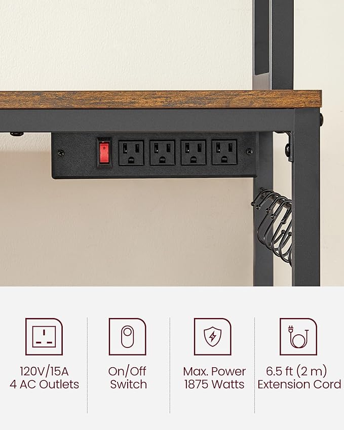 VASAGLE Bakers Rack with Power Outlet, Microwave Stand, Kitchen Tall Utility Storage Shelf, with Metal Wire Panel, 14 Hooks, 15.7 x 39.4 x 66.9 Inches, Rustic Brown and Ink Black UKKS038B01