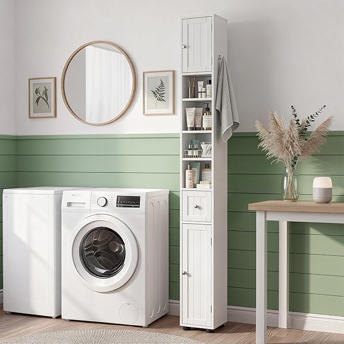 Karl home White Narrow Floor Storage Cabinet, Freestanding Storage Unit with 1 Drawers & 2 Doors, Thin Toilet Organizer for Small Spaces，for Entryway, Bathroom