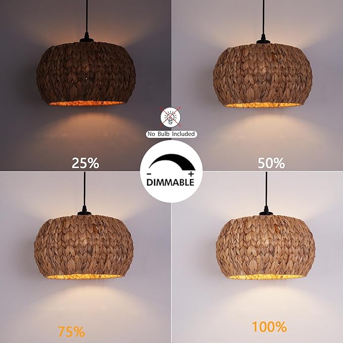 HuisMier Rattan Plug in Pendant Light Boho Hanging Lights with 15 Ft Plug in Cord & Dimmable Switch, Hand Woven Lampshade Boho Hanging Lamp for Kitchen Island Dining Room Bedroom