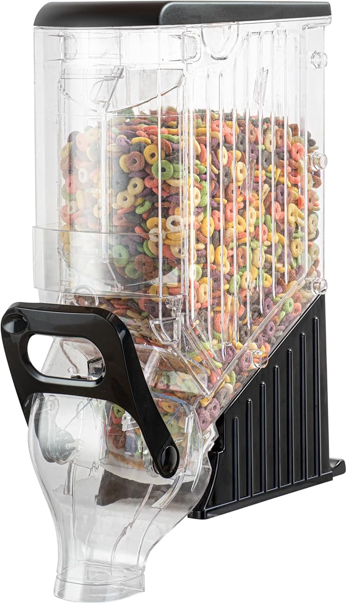 Restaurantware Cereal Dispenser 3.5 gal Plastic Gravity Bin Candy Dispenser Self-Serve Black Dry Food with Stand for Breakfast Buffet or Hotel Use