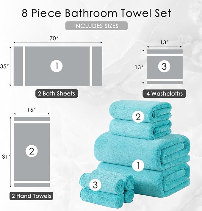 8 Piece Bath Towel Set — 2 Oversized Large Bath Sheet,2 Hand Towels,4 Washcloths — Ultra Soft Cozy Bath Towel Set for Bathroom Hotel Gym Spa,Highly Absorbent & Quick Dry Bathroom Towel Collections,Teal