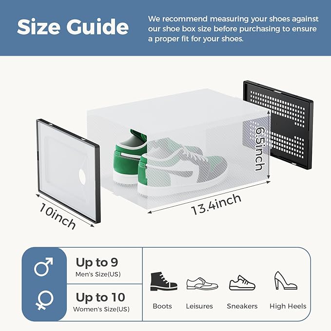 DUMOS Clear Shoe Storage Boxes, 12-Pack Plastic Stackable Shoe Containers with Lids, Display Sneaker Case Organizer for Closet, Under Bed, Entryway,Black (Fit Size 11)