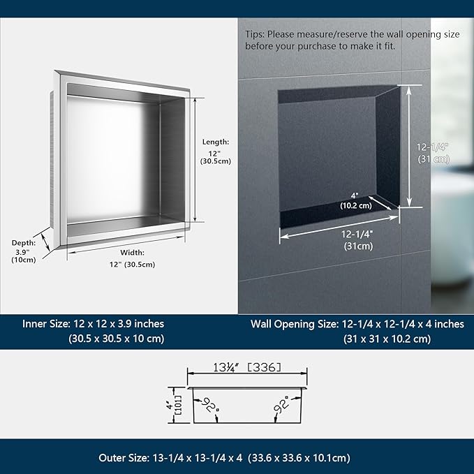 Shower Niche, 12" x 12" Bathroom Niche, Stainless Steel No Tile Needed Brushed Nickel Recessed Shower Shelf, Waterproof Wall Niches for Storage