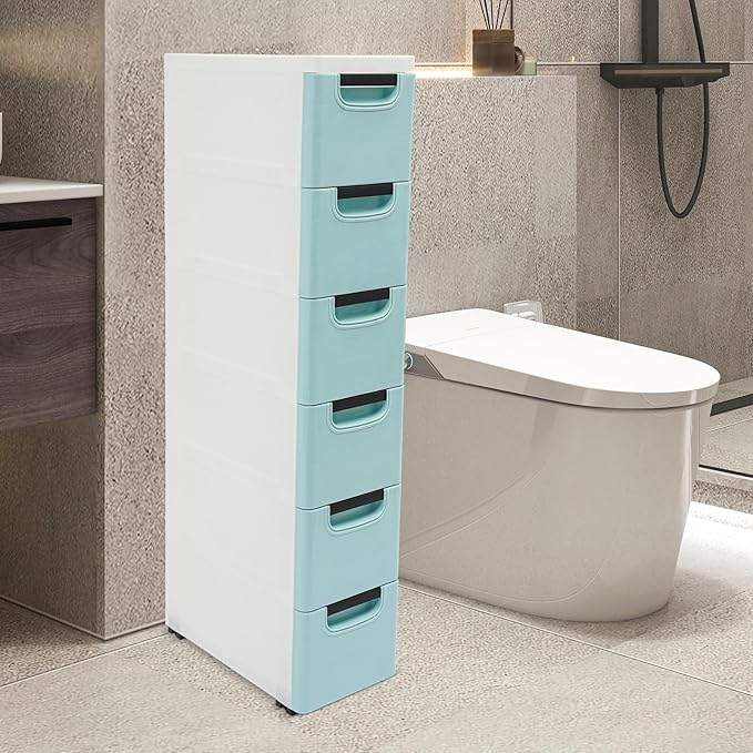 6 Drawers Storage Cart Rolling Storage Drawer Cart Narrow Plastic Dresser Rolling Organizer Cart Storage Unit on Wheels Bathroom Art Craft Supplies Mobile Slim Utility (Blue)