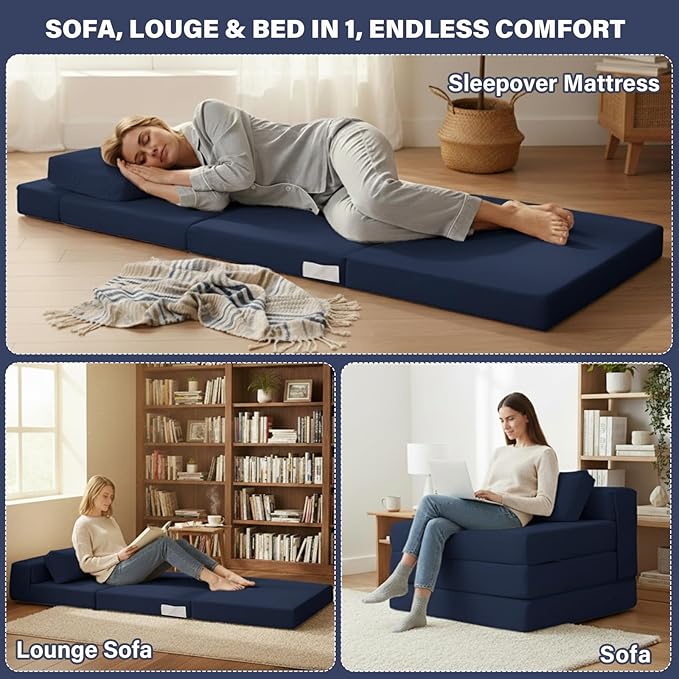 Tiita Folding Sofa Bed Chair, 4-Fold Convertible Sleeper Chair with Lumbar Pillow, Washable Cover & Side Pocket, Floor Couch Bed with Raised Seat, Single Size for Small Spaces, Navy