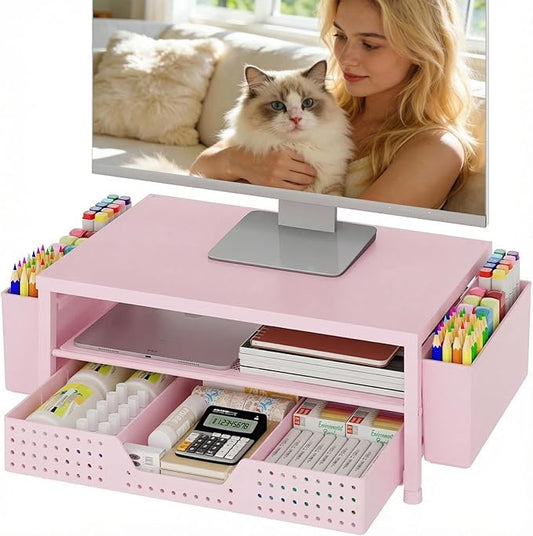OPNICE Desk Organizers and Accessories, 2-Tier Computer Monitor Stand Riser with Drawer and 2 Pen Holders, Laptop Stand, Office Desk Accessories for Office Supplies, Pink