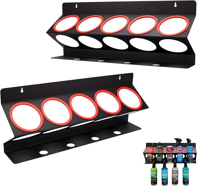 Universal Detailing Spray Bottle Holder (2-Pack, No Logo) – Mobile Detailing & Car Garage Organizer, Holds 5 Bottles (16/32oz) with 4 Small Holes – Lightweight Design, Easy Wall Mounting