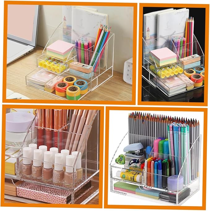 PRETYZOOM Acrylic Makeup Organizer Storage Box Desktop Stationery Organizer Multi-compartment Lipstick Drawer for Home Office