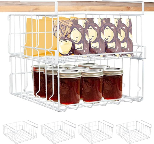 4-Pack Steel Under Cabinet Shelf Basket Organizer, Metal Wire Rack Hanging Storage Baskets Holds up to 22lbs for Kitchen, Office, Pantry, Bathroom, Cabinet (White-4)