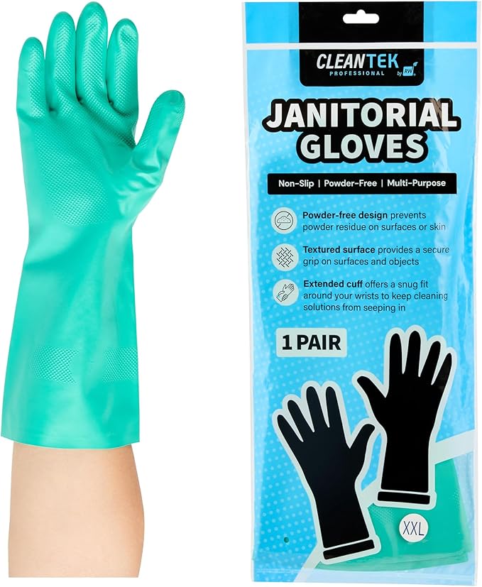 Green Cleaning Gloves 10 Pairs 15 Mil Thick XXL Heavy-Duty Nitrile Gloves With Long Cuff No-Latex Flock Lining For Use In Hospitals, Laboratories, Kitchens and Households