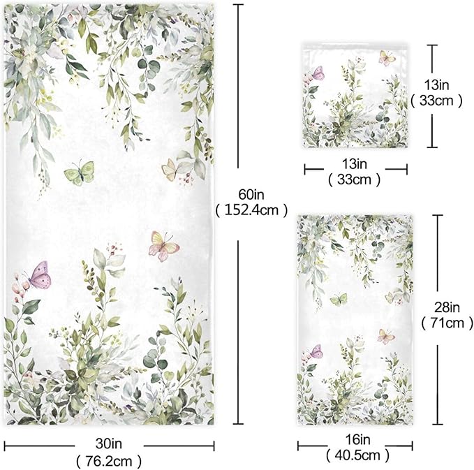 Sage Green Leaves Towels Set, 3 Piece Watercolor Eucalyptus Butterfly (1 Bath, 1 Hand, 1 Washcloth), Absorbent Microfiber Decorative Bathroom Towels for Hair, Face