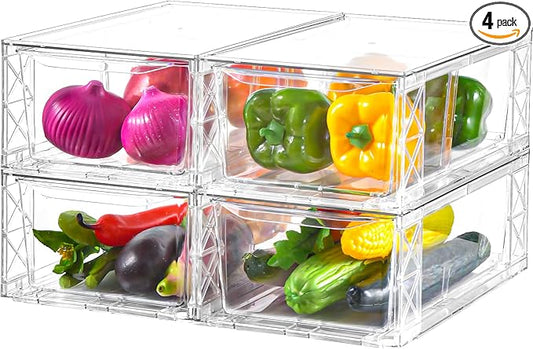 4 Pack Acrylic Storage Drawers, Clear Stackable Storage Drawers, Acrylic Organizers Drawers for Under Sink, Pantry, Bathroom, AcrylicStorage Containers for Makeup Organizers Cosmetic Display, Medium