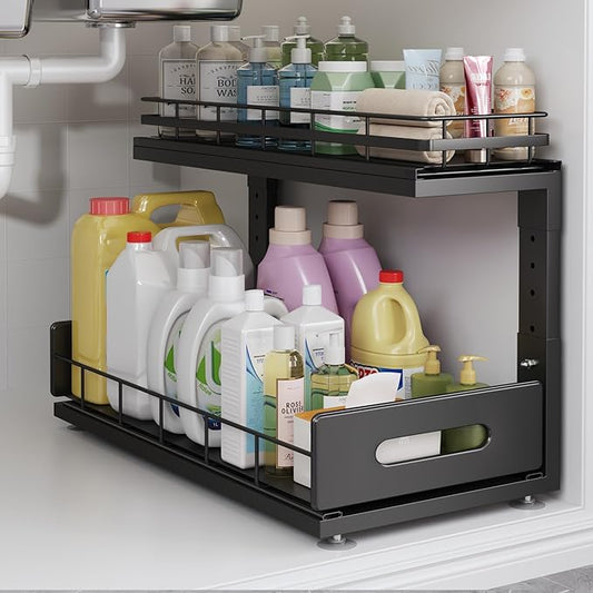 Under Sink Organizer Upgrade To Professional Rails,2-Tier Dual Pull Out Cabinet Storage,Height Adjustable Slide Out Drawers For Bathroom Kitchen,1 Pack-18.5"Dx12.8"-16.9"H,Black