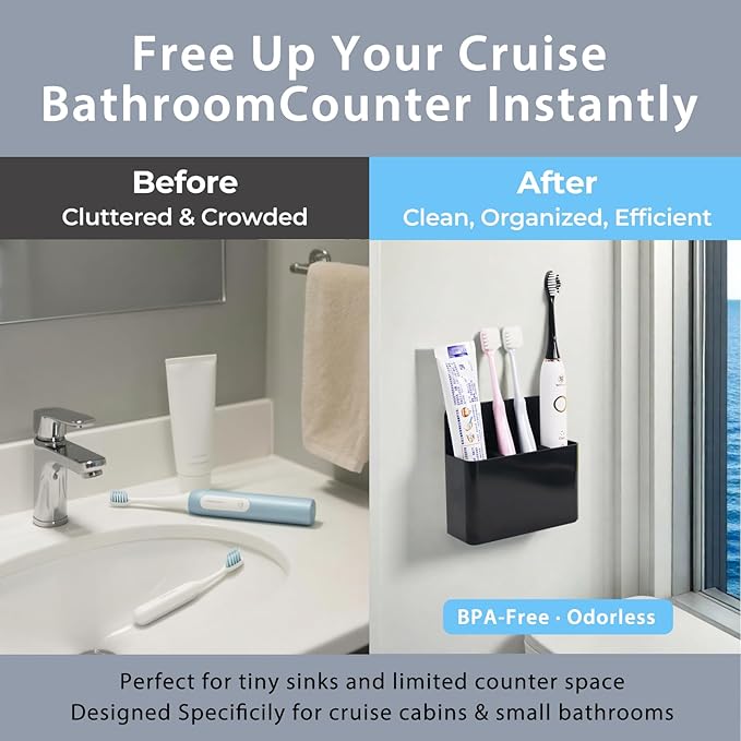 Magnetic Toothbrush Holder for Cruise Ship Cabin – Wall-Mounted Cruise Bathroom Organizer with 2 Removable Dividers & Towel, Cruise Essentials 2025 & Cruise Must Haves for Alaska & Caribbean Cruises