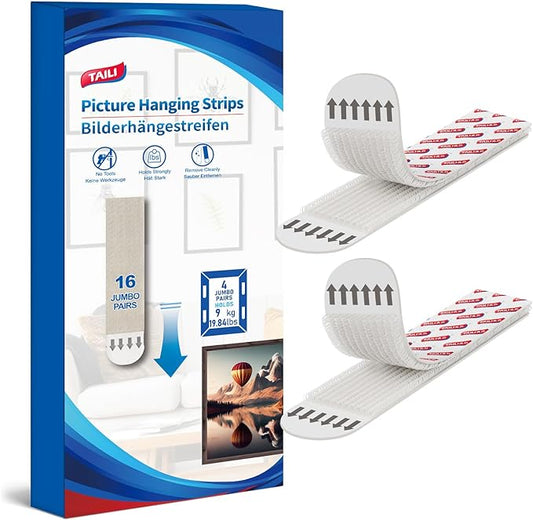 TAILI Picture Hanging Strips Heavy Duty, Extra Large 16 Pairs (32 Strips) Frame Hangers for Walls, Pictures Kit Without Nail, Damage Free Adhesive Poster Decor, Art, Mirror