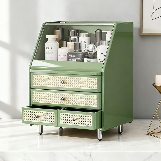 Large Cosmetic Storage Box Dustproof And Waterproof. Display Case with Drawers Countertop Vanity Organizer for Skincare, Lipsticks, Perfume – Bathroom Cosmetic Storage Display Box (Green)