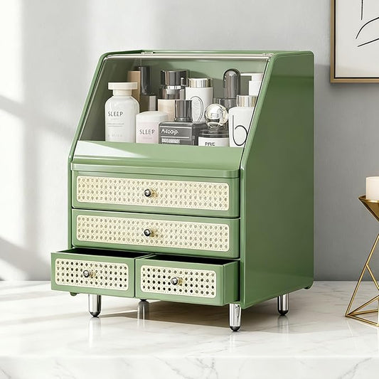 Large Cosmetic Storage Box Dustproof And Waterproof. Display Case with Drawers Countertop Vanity Organizer for Skincare, Lipsticks, Perfume – Bathroom Cosmetic Storage Display Box (Green)