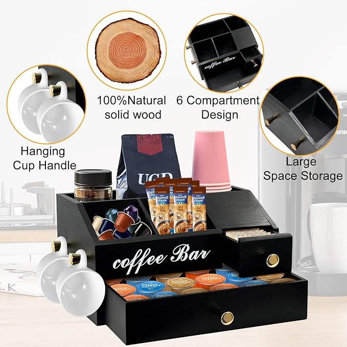 Coffee Station Organizer - Farmhouse Wood Kcup Holder for Counter, Countertop Snack Organizer with Hanging Handles, Suitable for Snacks, Coffee Capsules, Syrups and Various Accessories(Black)
