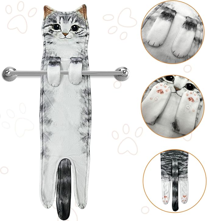 PAT JUUMG Funny Cat Hand Towels for Bathroom Kitchen Decor, Cute Decorative Hanging Face Towels, Super Absorbent Soft, Housewarming Gift, Cat Lovers Gifts for Women (2 Pack)