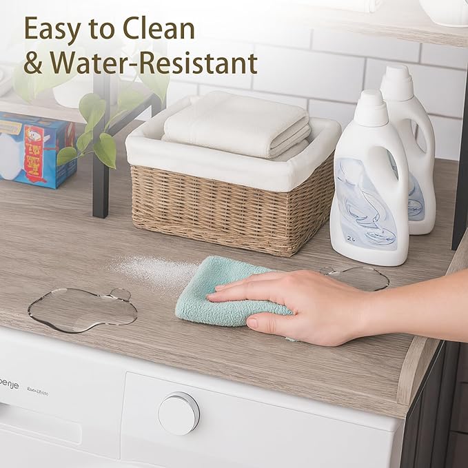 Washer and Dryer Countertop with Shelf, 2-Tier 54" x 27.5" Wood Laundry Countertop, Washer Dryer Topper with High Edge Rails and Hooks, Non-Slip Pads, Waterproof & Heat Resistant Top (Gray)