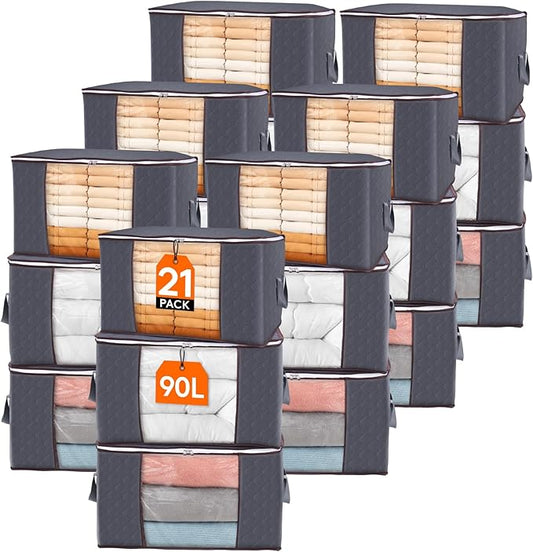 Lifewit 21 Pack 90L Clothes Storage Bins with Lids, Foldable Blanket Storage Bags with Zippers, Clear Window and Reinforced Handles, Closet and Organization for Clothing, Sweater, Comforter, Bedding