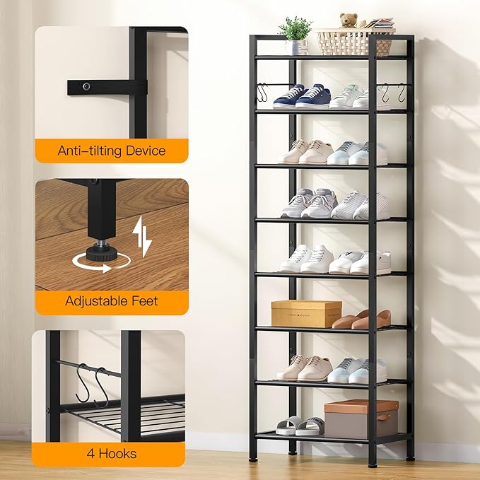 usikey 8 Tiers Narrow Shoe Rack 16-24 Pairs, Sturdy Metal Tall Shoe Rack with 4 Hooks, Slim Shoe Storage Organizer with Metal Shelf, Space Saving Vertical Shoe Shelf for Entryway Black UNYXJX016H
