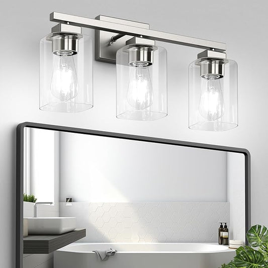 Bathroom Vanity Light, 3-Light 19" Brushed Nickel Modern Matte Wall Sconce Lighting with Clear Glass Shade, Wall Lights,Bath Vintage Wall Mounted Lamps for Mirror Bedroom Living Room