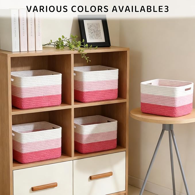 4 Pack Storage Baskets for Organizing, 12''Lx10''Wx8''H Woven Baskets for Storage Toys, Towels, Books, and Clothes, Cotton Rope Basket for Shelves with Handle (White & Pink)