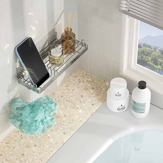 TOMIR Double Bar Soap Holder for Shower Wall with 4 Hooks, Stainless Steel Adhesive Soap Dish for Bathroom Accessories Organizer, Silver