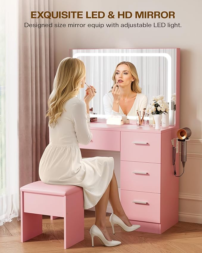 Makeup Vanity Desk Set, Pink, 35.4“W x 15.7" D x 53.9" H (Large Smart LED Mirror, with Cushion Stool, Hairdryer Rack, Power-Outlet, 4 Drawers)