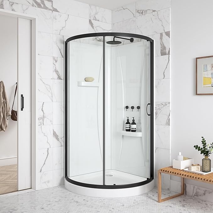 OVE Decors Breeze 38 in. Corner Shower Clear Sliding Door with Walls and Base in Black Finish