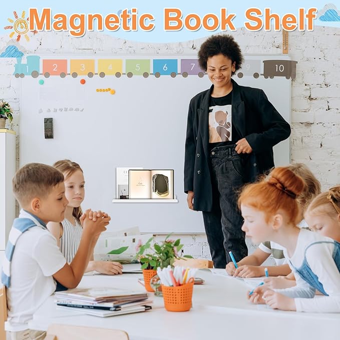 2 Pcs Magnetic Book Shelf for Whiteboard, Reusable Magnetic Book Holder and Pen Holder, Reusable Magnetic Shelves for Classroom, Office, Refrigerator, School Supplies