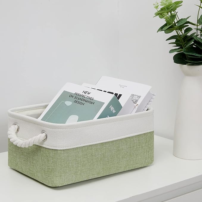 Bidtakay Small Baskets for Organizing Linen Closet Storage Baskets Set Of 6 Decorative Storage Bins for Shelves Cute Rectangular Baskets for Gifts Empty Nursery Dog Toys Baby Storage (White&Green)
