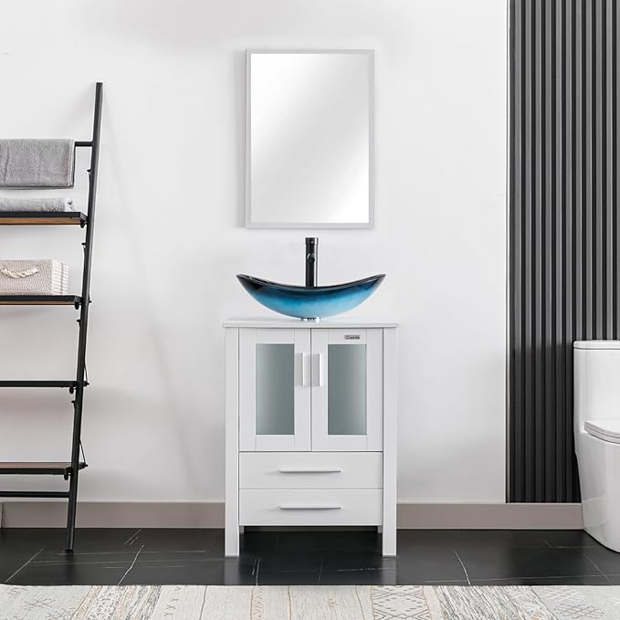 eclife 24" Modern Bathroom Vanity Sink Combo Freestanding Cabinet with Soft Closing Door, Blue Boat Glass Vessel Sink, Water Save Faucet, Drain (White+A29BU)