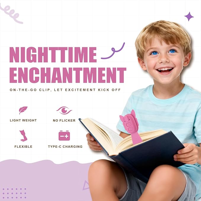 Rechargeable Kids Book Light, Cute Bookmark Reading Light for Kids, Dimmable Portable LED Book Light for Reading in Bed, Eye-Caring Bedtime Reading Lamp for Children & Travel, Pink