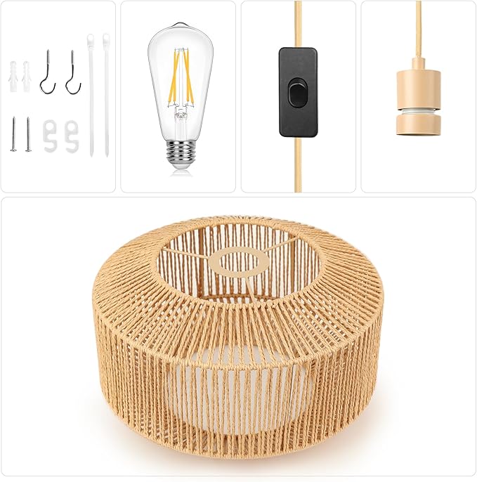 Plug in Pendant Light Paper Woven Rattan Hanging Lights Boho Hanging Lamp Rustic Farmhouse Pendant Lights for Kitchen Dining Room Bedroom Entryway, with 3-Way Dimmable Bulb (Woven-2)