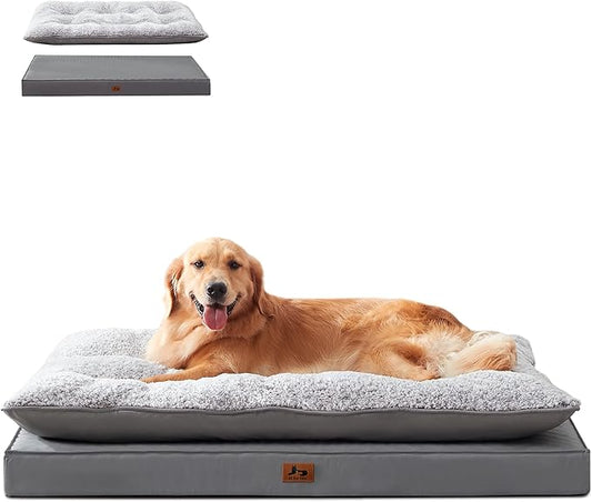 Washable Dog Bed for Medium Large Size Dog, Plush Pillow Pet Bed with Leather Egg-Crate Foam Base, Waterproof Kennel Bed with Removable Cover, 47" x 39" Comfort Cushion Bed, Dark Grey