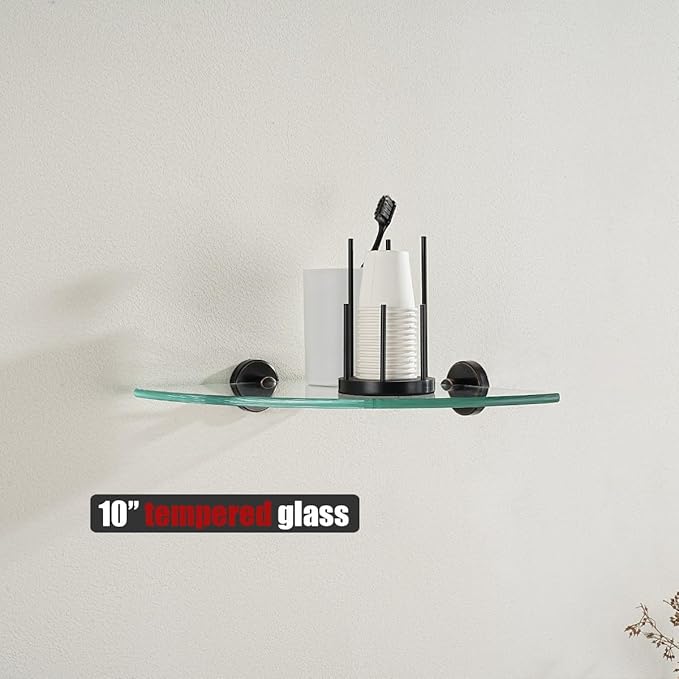JQK Corner Glass Shelf, Oil Rubbed Bronze Bathroom 304 Stainless Steel Shower Triangle Floating Wall Shelf, 10 x 10 Tempered Glass, 3 Pack, TGS190L10-ORB-P3