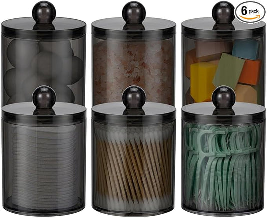 6 Pack Acrylic Qtip Holder Dispenser for Cotton Swabs, Balls, Pads, Floss Picks- Clear Plastic Canister Apothecary Jar Set, Bathroom Essentials Accessories Decor Vanity Makeup Storage Organizer -Black