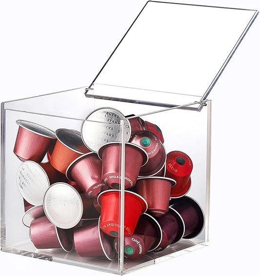 Large Acrylic Storage Box Coffee Pod Holder Clear Acrylic Hinged Lid Box Organizers Accessories Anti Dust Durable Clear Acrylic Box for House and Office Use, Transparent Box