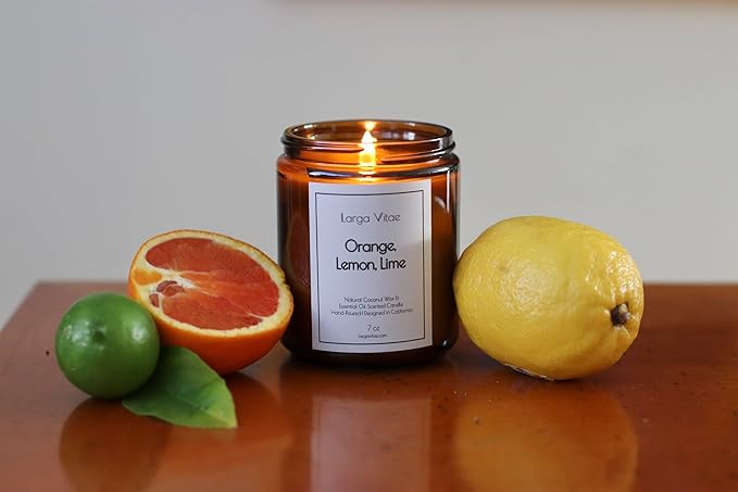 Orange, Lemon, Lime Coconut Wax Candle Non Toxic Aromatherapy Candle with Essential & Prime Rated Natural Fragrance Oils, Clean Burning Amber Jar Candle, 7 oz Small Batch