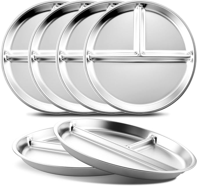 Stainless Steel Kids Plates Set of 6, 9" Portion Control Plates Divided Plate for Adults Toddlers Balance Lunch, Bariatric & Diabetic Diet, Non Toxic Camping Metal Snack Plate for Eating