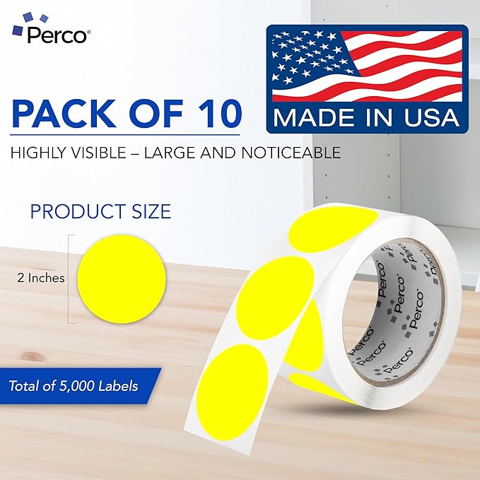 Perco Fluorescent Yellow 2-Inch Perforated Circle Dot Sticker Labels — 10 Rolls, 5,000 Round Stickers — with Permanent Adhesive for Organizing, Color Coding, Bin Labeling, Packaging Alerts—Made in USA