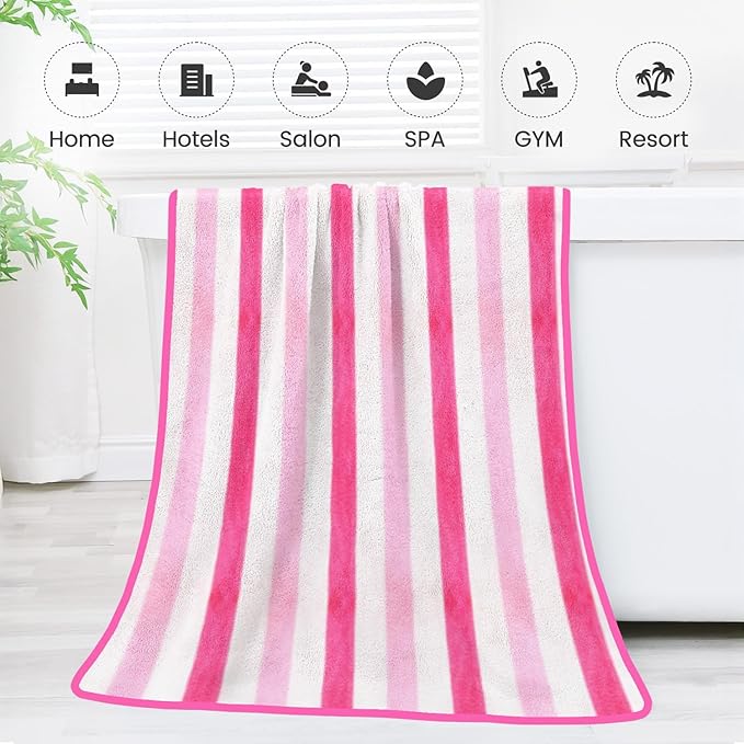 Microfiber Bath Towels Set of 4, Large Bathroom Towel for Adult, 30" x 60", Soft, Super Absorbent & Fast Drying, Use for Shower, Sauna, Sport, Fitness, Yoga, Cabana Stripe Pink