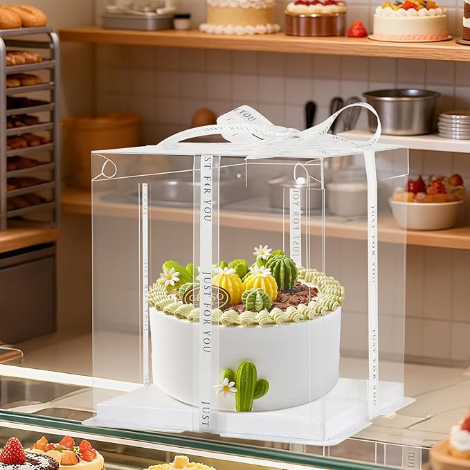 8Pcs Clear Cake Box with Ribbon 2-Layer 10x10x9 Inch, Transparent Cake Box with Lids, Tall Cake Boxes, Transport Gift Boxes for Birthday Wedding Valentine'Day.(Clear, 10 * 10 * 9inch/8pcs)