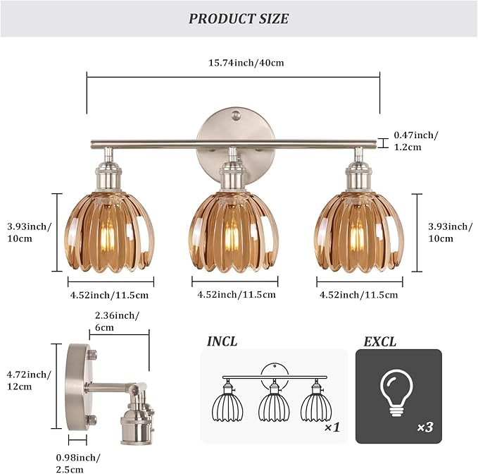 Bathroom Light Fixtures, 3-Light Vanity Wall Light Over Mirror with Amber Tulip Glass Shade for Bedroom Living Room (Bulb Not Included), Satin Nickel