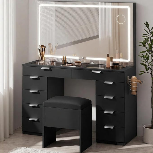 YITAHOME Vanity Desk with LED Mirror & Power Outlets, 10 Drawers Makeup Vanity Table with Storage Stool, Sturdy Wooden Vanity with 3 Color Modes