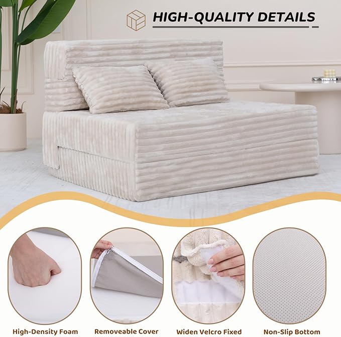 Folding Sofa Bed Twin, Convertible Sleeper Chair with Pillow, Fold Out Couch, High-Density Futon Chair Bed, Foldable Sofa Sleeper Floor Couch for Bedroom Living Room Dorm Guest Room, Beige