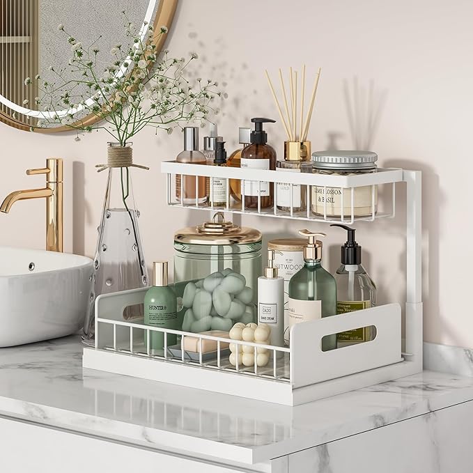 Bathroom under sink storage shelf organizing toiletries and cleaning products
